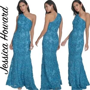 Jessica Howard Teal One-Shoulder Gown